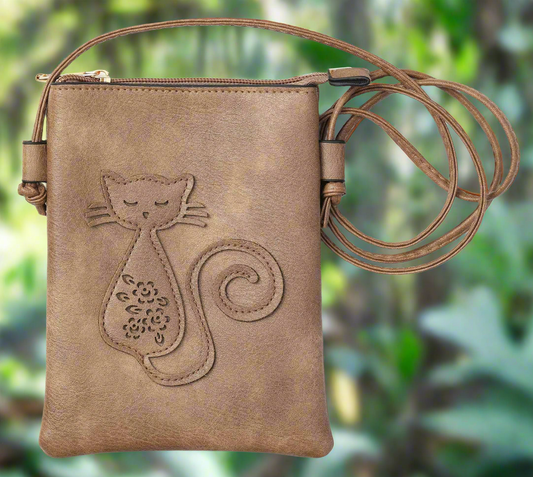 Taupe - Cat Laser Cut Cross Body Cell Phone Bag