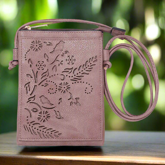 Plum - Birds and Flower Lacer Cut Crossbody cellphone bag
