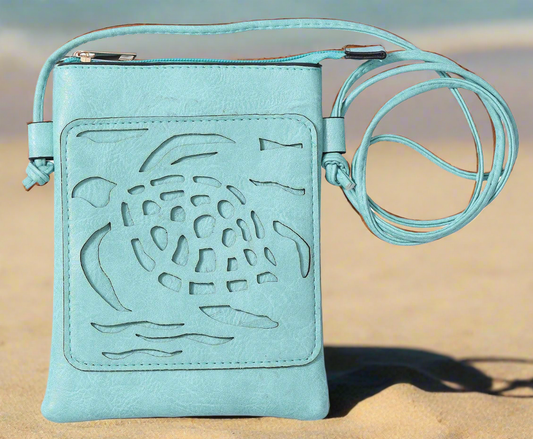 Aqua - Sea Turtle laser cut cross body cell phone bag