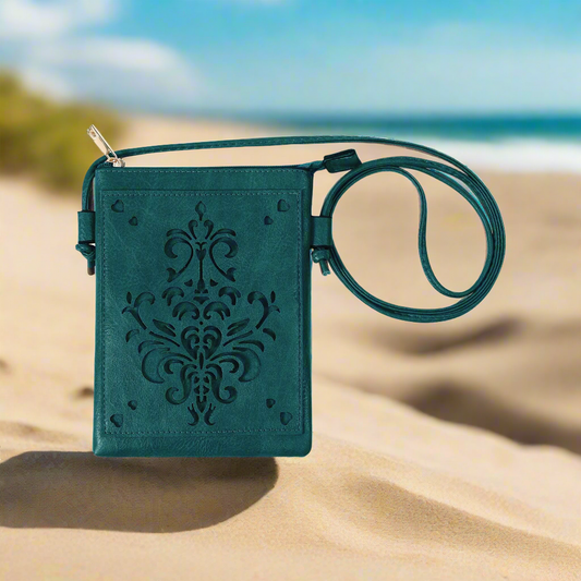 Teal - Laser Cut Crossbody Cellphone Bag - Chandelier