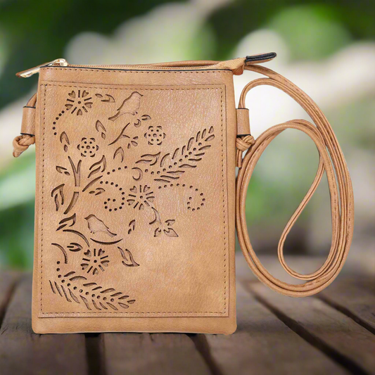 Beige - Birds and Flower Lacer Cut Crossbody cellphone bag