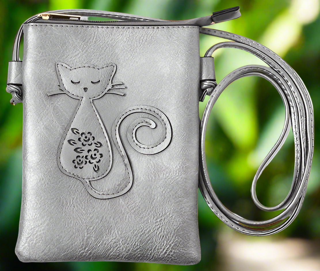 Grey - Cat Laser Cut Cross Body Cell Phone Bag