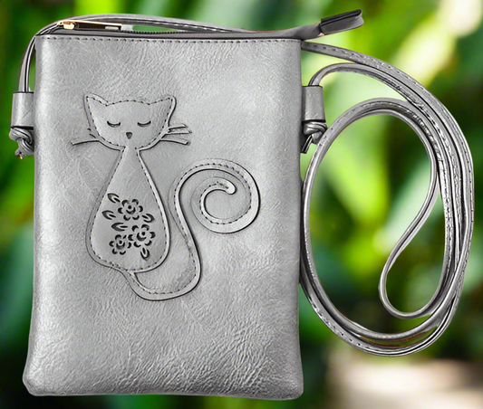 Grey - Cat Laser Cut Cross Body Cell Phone Bag