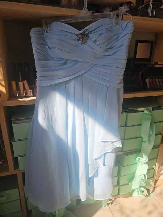 David's Bridal Strapless Pale Blue Chiffon Cocktail Dress