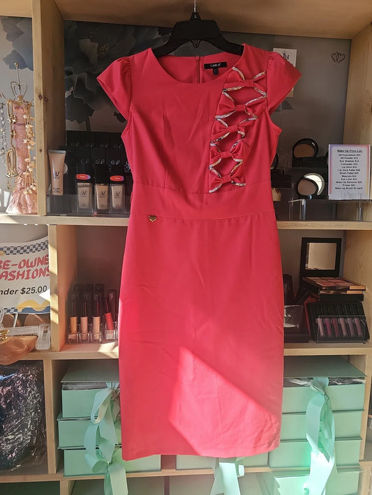 Coral Pink Cap-Sleeve Sheath Dress with Decorative Lacing
